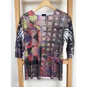 NWT Inoah Multicolored Pattern 3/4 Sleeve Round Neck Mesh Top #0868 Small USA